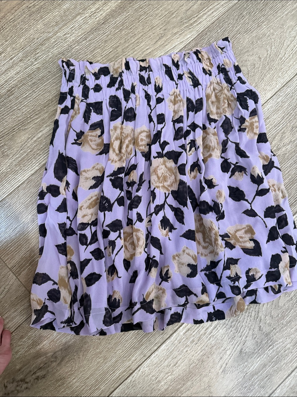 Ganni Lavender Floral Smocked Mini Skirt with Beige & Black Print
